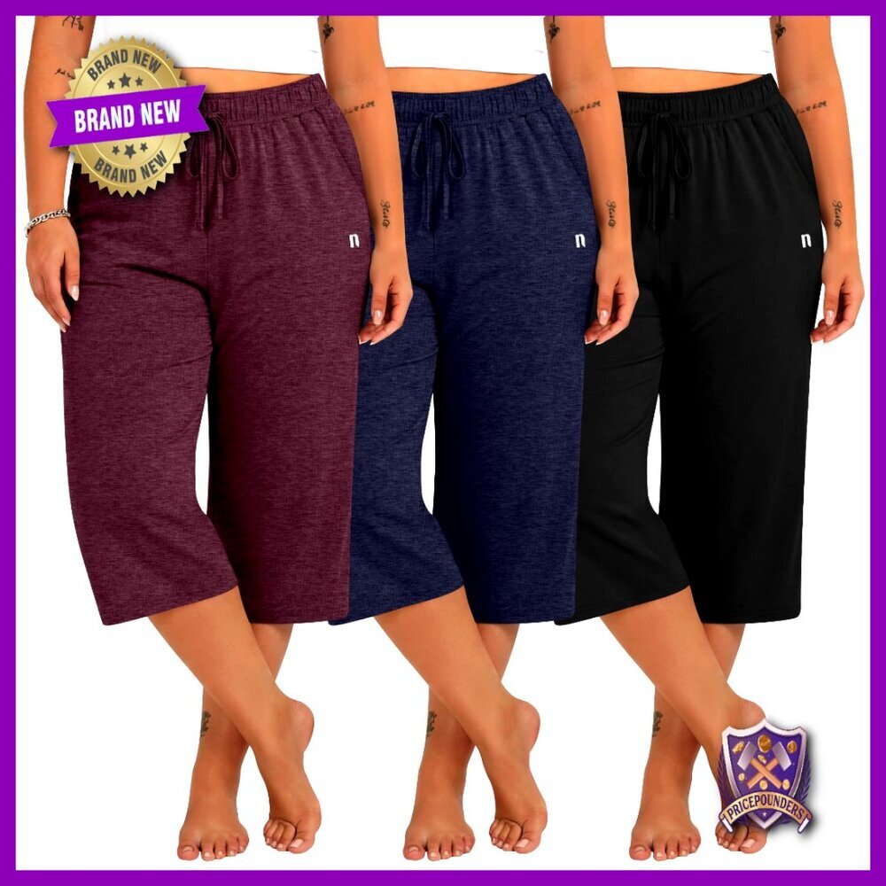 Plus Size Capri Sweatpants 3 Pack Wide Leg Drawstring Pockets Casual